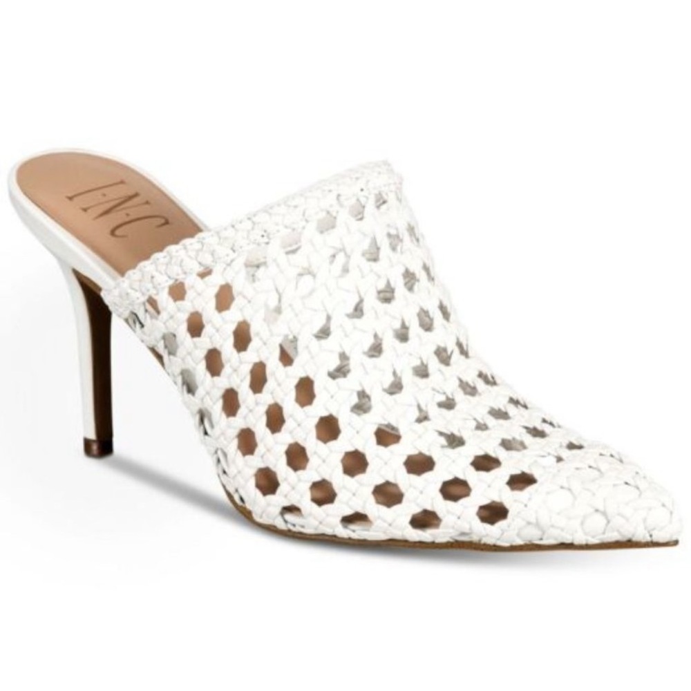 INC Celestia White Pointy Toe Woven Mules Heels